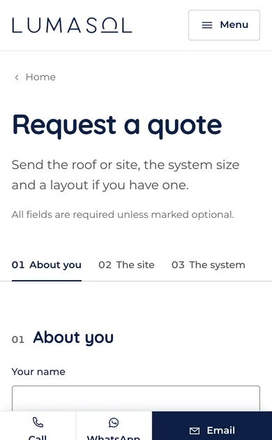 The quote form on a phone, step one of three