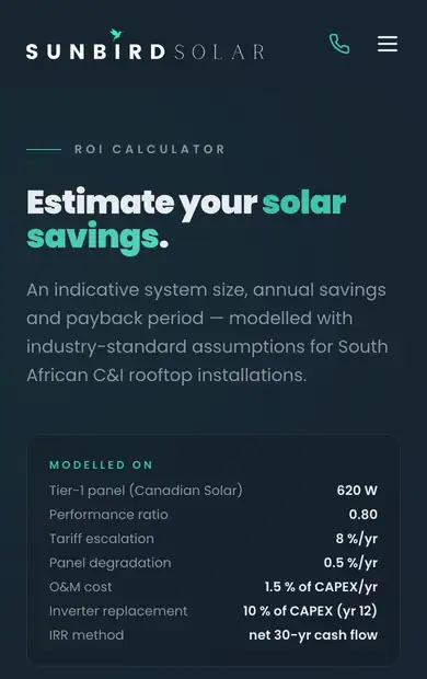 The ROI calculator on a phone, showing the assumptions it is modelled on