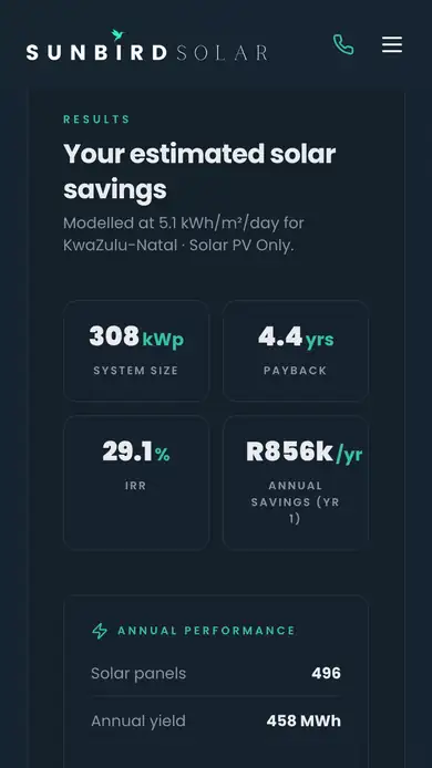 The ROI calculator results on a phone for its default inputs, a 2,000 square metre roof in KwaZulu-Natal: system size, payback, return and annual savings