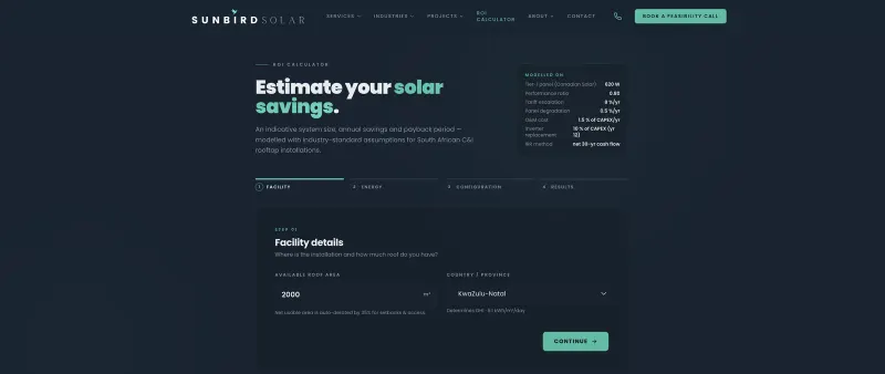 Sunbird Solar ROI calculator, step one: facility details, with the modelling assumptions beside it