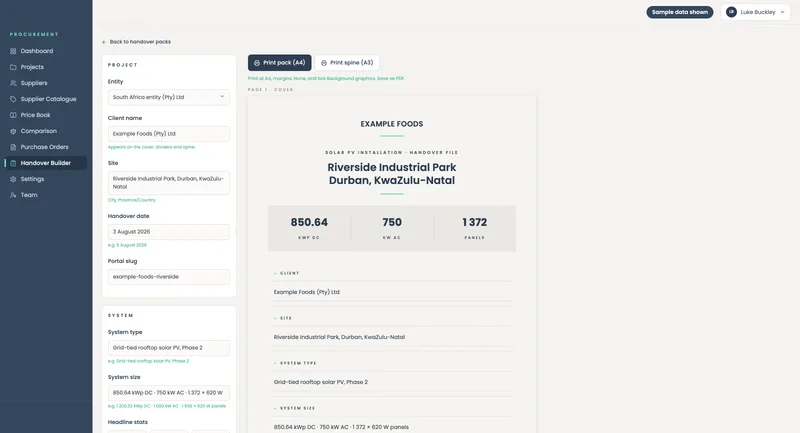 Handover builder: the form on the left and a live preview of the handover file cover on the right, for a sample client