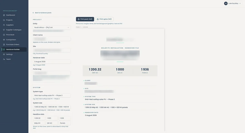 Client handover builder built by Lockhart, client details blurred