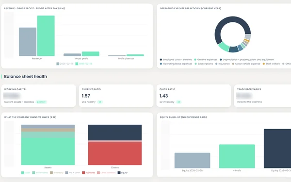 Financial dashboard charts built by Lockhart, client figures blurred