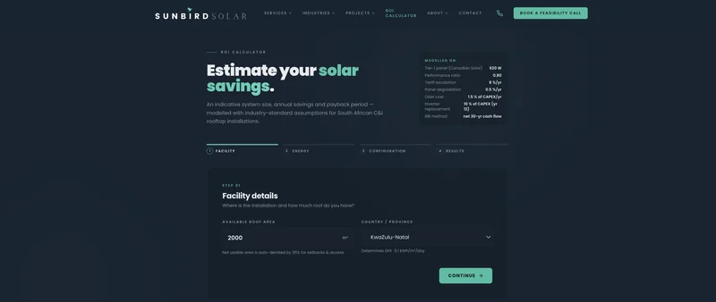 Sunbird Solar website savings calculator page